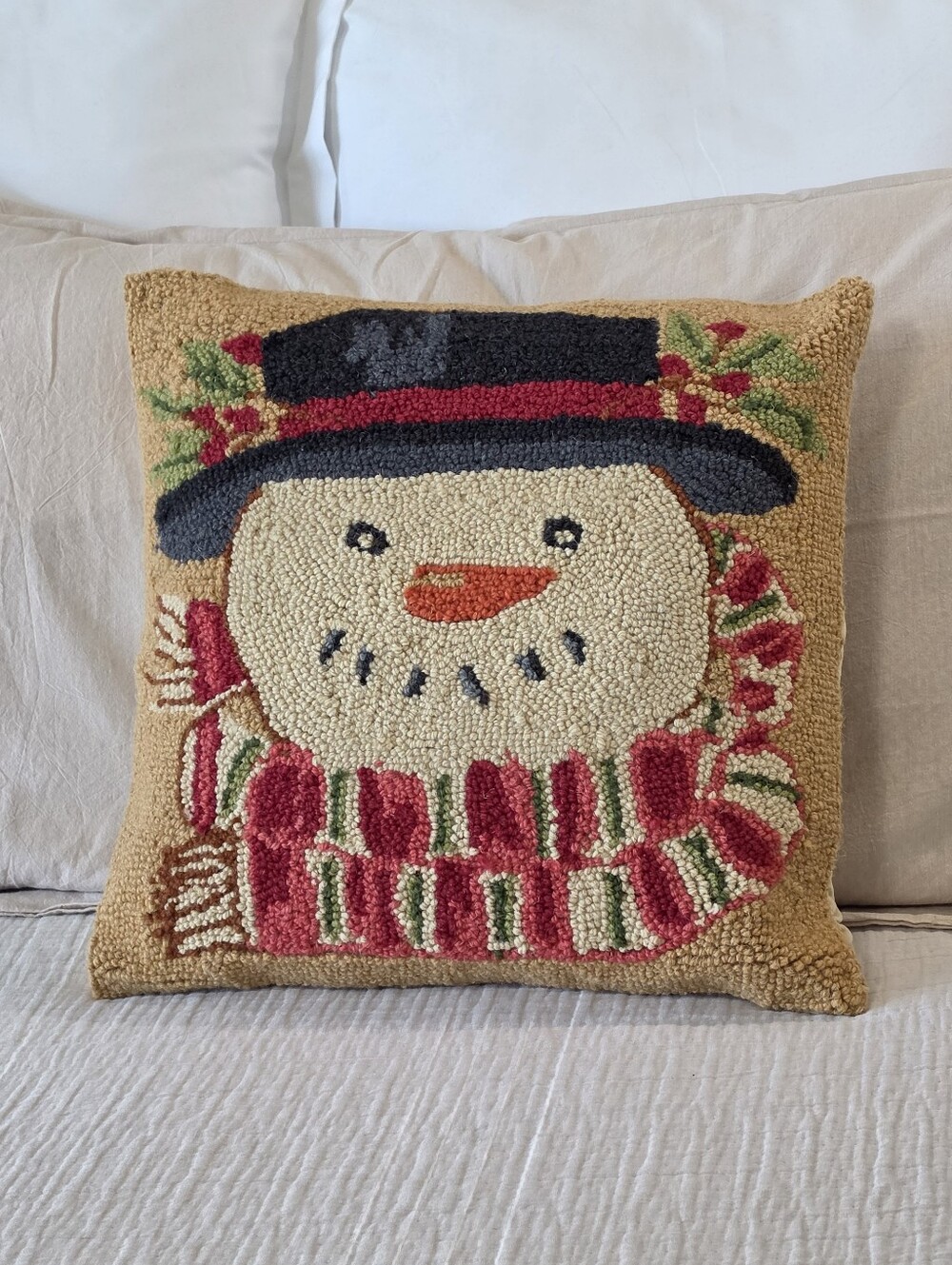 Peking Handicraft Wool Hook Snowman Throw Pillow 16x16